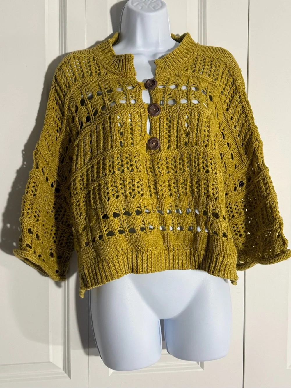 Free People Mustard Open-Knit Button-Front Sweater